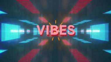 Neon parlayan tünele karşı titreşimlerin dijital animasyonu metin ve soyut şekiller. bilgisayar arayüzü ve tipografi kavramı