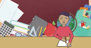 Öğrenci kızın dijital animasyonu ve kırmızı arka plana karşı çoklu okul konsepti simgeleri. okul ve eğitim kavramı