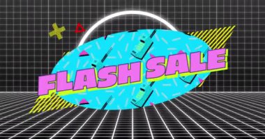 Renkli şekillerin değişmesi üzerine flash satış metninin animasyonu. dijital arayüz video oyunu konsepti dijital olarak oluşturuldu.