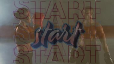 Karışık ırk erkek ve kadınların boks çalışmasıyla başlayan mesajların animasyonu. dijital arayüz video oyunu konsepti dijital olarak oluşturuldu.