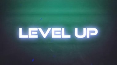 Siyah arkaplan üzerine seviye yükseltilmiş metin canlandırması. dijital arayüz video oyunu konsepti dijital olarak oluşturuldu.