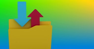 Mavi ve sarı gradyan arkaplana karşı indirme ve gönderme dizini simgesinin dijital animasyonu. bulut depolama ve hesaplama teknolojisi kavramı