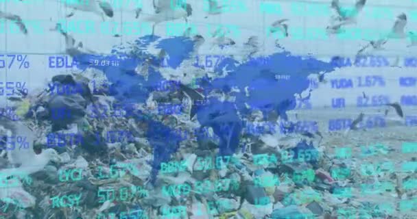 Aktiemarknaden Databehandling Över Världskartan Mot Deponi Med Fåglar Som Flyger — Stockvideo
