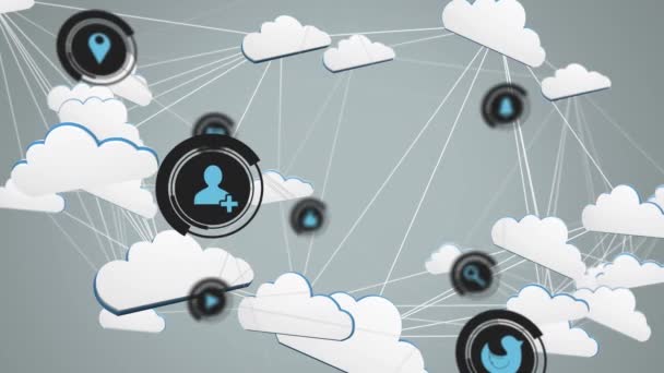 多个数字图标在灰色背景的云图标网络上漂浮 云存储和社交媒体网络化概念 — 图库视频影像