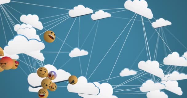 Émojis Multiples Visage Flottant Contre Réseau Icônes Nuage Sur Fond — Video