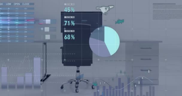 Цифровое Комикс Видео Обработки Статистических Финансовых Данных Фоне Пустого Офиса — стоковое видео