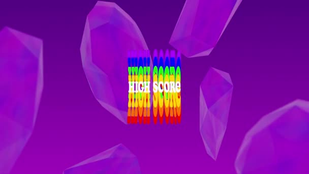 彩虹的数字动画对在紫色背景上移动的晶体产生高分文字效果 计算机接口和电子游戏概念 — 图库视频影像