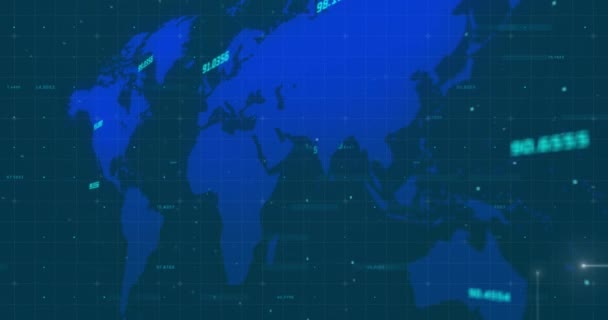 Işık Yolları Mavi Arkaplandaki Dünya Haritasında Birden Fazla Değişen Sayılar — Stok video