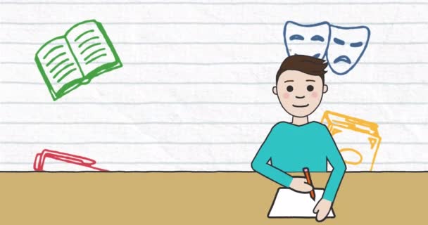 Animation Numérique Écolier Étudiant Icônes Concepts Scolaires Multiples Contre Papier — Video