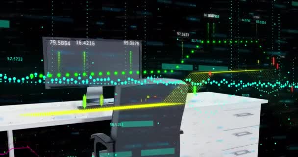 Procesamiento Datos Financieros Contra Modelo Escritorio Oficina Contra Fondo Negro — Vídeo de stock