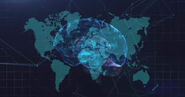 Cérebro Humano Girando Contra Rede Conexão Sobre Mapa Mundo Fundo — Vídeo de Stock