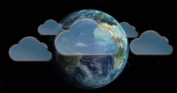 Meerdere Wolken Pictogrammen Zweven Tegen Pulserende Cirkels Draaiende Globe Zwarte — Stockvideo
