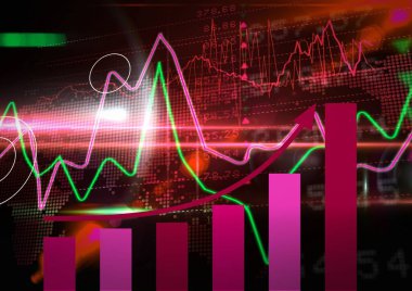 Borsa üzerinde çoklu grafikler ve kırmızı zemin üzerinde istatistiksel veri işleme. küresel finans ve ekonomi kavramı