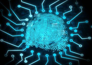 Siyah arka planda biyometrik parmak izi tarayıcısı üzerinden neon mavi mikroişlemci bağlantıları. siber güvenlik ve teknoloji kavramı