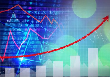 Borsa verilerinin üzerindeki kırmızı grafikler yeşil ışık noktalarıyla karşılaştırılıyor. küresel finans ve ekonomi kavramı