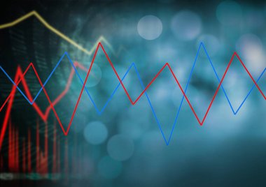 Mavi arkaplandaki ışık noktalarıyla istatistiksel veri işleme üzerinde mavi ve kırmızı grafikler. küresel finans ve ekonomi kavramı