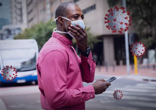 Multiple Covid Cells African American Man Wearing Face Mask Touching — Stock Photo, Image