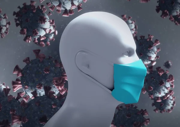 灰色の背景に複数のCovid 19細胞に対して顔マスクを着用したヒトの頭部モデル コロナウイルスCovid 19パンデミックと医学研究の概念 — ストック写真