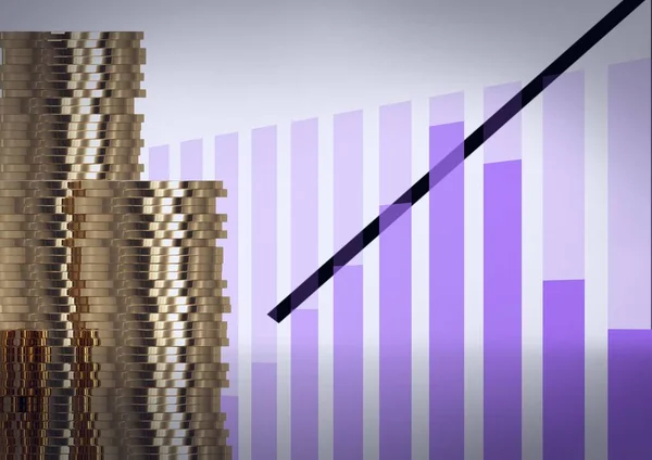 Stack Gold Coins Statistical Data Processing Purple Background Global Finance — Stock Photo, Image