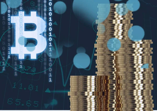 Bitcoins Sembolü Yığınla Altın Sikke Mavi Arka Plandaki Borsa Veri — Stok fotoğraf