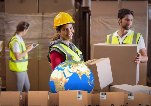 Composition Stack Cardboard Boxes Globe Workers Carrying Boxes Warehouse Global — Stock Photo, Image