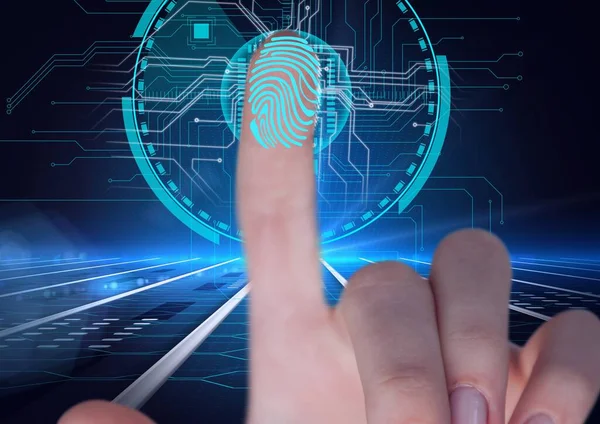 Polegar Humano Sobre Scanner Biométrico Contra Conexões Microprocessador Fundo Azul — Fotografia de Stock