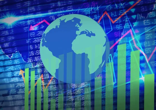 Globe Statisztikai Tőzsdei Adatfeldolgozás Kék Háttér Globális Pénzügyi Gazdasági Koncepció — Stock Fotó