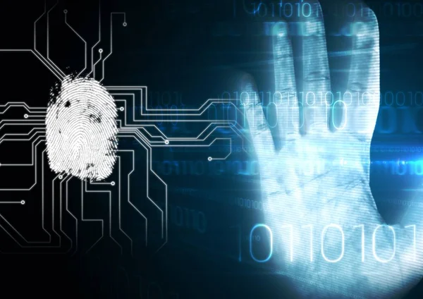 Human hand print over biometric scanner against data processing on blue background. cyber security and technology concept
