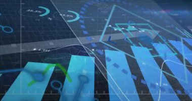 Mavi zemin üzerinde yeşil çizgi ve veri işleme ile istatistik kaydının animasyonu. dijital arayüz, bağlantı ve iletişim konsepti dijital olarak oluşturulmuş video.