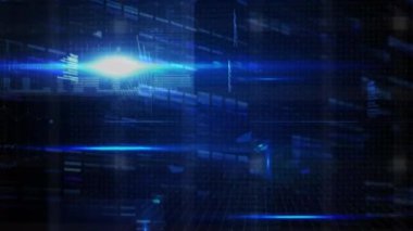 Mavi arka planda parlayan ışıkla veri işleme animasyonu. dijital arayüz, küresel bağlantı ve dijital olarak oluşturulan iletişim konsepti.