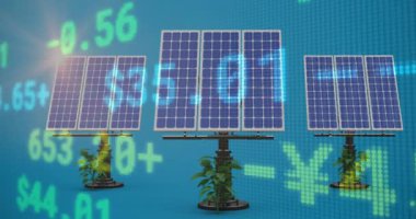 Güneş panelleri üzerinden finansal veri işleme animasyonu. küresel finans, çevre ve sürdürülebilirlik kavramı dijital olarak oluşturulmuş video.