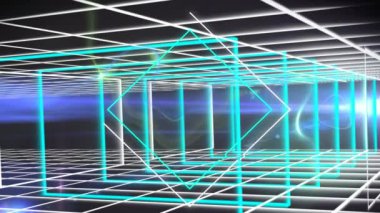 Mavi arka planda ışık izlerinin ve parlayan figürlerin canlandırılması. dijital arayüz, bağlantı ve iletişim konsepti dijital olarak oluşturulmuş video.