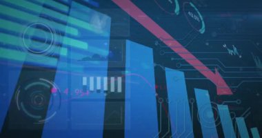 Kırmızı okla veri işleme animasyonu istatistik kaydıyla iniyor. dijital arayüz, bağlantı ve iletişim konsepti dijital olarak oluşturulmuş video.