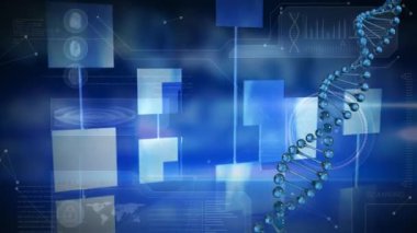 Mavi arka planda DNA iplikçikleri ve tıbbi veri işleme animasyonu. dijital arayüz, bağlantı ve iletişim konsepti dijital olarak oluşturulmuş video.