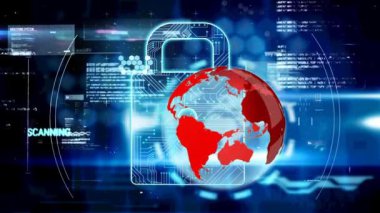 Çevrimiçi güvenlik kilidi ve veri işleme üzerinde dönen dünyanın animasyonu. dijital arayüz, küresel bağlantı ve dijital olarak oluşturulan iletişim konsepti.