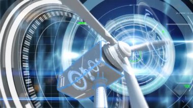 Rüzgar türbininin dönmesi, veri işleme ve tarama animasyonları. dijital arayüz, küresel bağlantı ve dijital olarak oluşturulan iletişim konsepti.