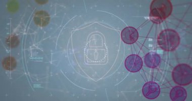 Gri arkaplan üzerinden çevrimiçi asma kilit güvenliğiyle bağlantı ağlarının animasyonu. dijital arayüz, bağlantı ve iletişim konsepti dijital olarak oluşturulmuş video.