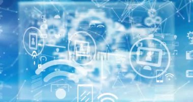 Parlak mavi arkaplanda dijital simgelerin ve bağlantı ağlarının animasyonu. dijital arayüz, küresel bağlantı ve dijital olarak oluşturulan iletişim konsepti.