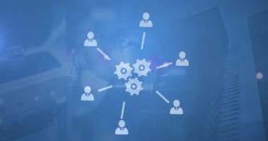 Mavi arka planda iş ve iş ikonlarının ve dişlilerin animasyonu. dijital arayüz, bağlantı ve iletişim konsepti dijital olarak oluşturulmuş video.