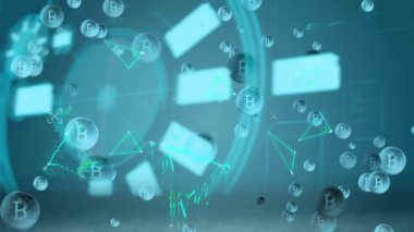 Kapsam taraması animasyonu ve mavi arka planda yüzen bitcoin simgeleri. dijital arayüz, finans, bağlantı ve iletişim konsepti dijital olarak oluşturulmuş video.