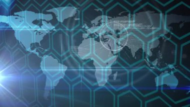 Dünya haritası üzerinde insan simgeleri ağı üzerinden kapsam taraması ve veri işleme animasyonu. dijital arayüz, bağlantı ve iletişim konsepti dijital olarak oluşturulmuş video.