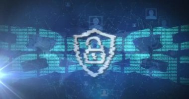 Mavi arka planda insan simgeleriyle çevrimiçi güvenlik asma kilit ve zincirinin animasyonu. dijital arayüz, bağlantı ve iletişim konsepti dijital olarak oluşturulmuş video.