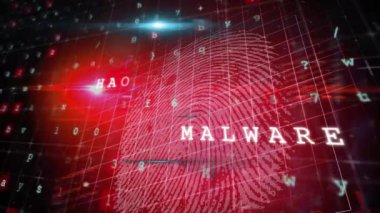 Kırmızı ızgara üzerinde biyometrik parmak izleri olan siber saldırı uyarı metninin animasyonu. dijital arayüz, küresel bağlantı ve dijital olarak oluşturulan iletişim konsepti.