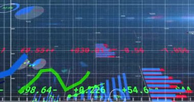 Mavi arkaplanla ağ üzerinden istatistiksel veri işleme. küresel finans ve bilgisayar arayüzü kavramı