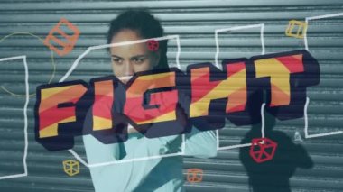 Savaş metni ve soyut şekiller esneme egzersizi yapan Afrikalı Amerikalı kadınlara karşı. Video oyunu ve spor konsepti