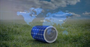 Dünya haritasında birden fazla değişen sayı var. Çimenler üzerinde güneş silindirine karşı mavi gökyüzü. küresel finansman ve yenilenebilir enerji kavramı