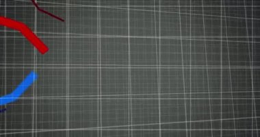 Kırmızı ve mavi çizgilerin hareket halindeki ve ızgara üzerinde işlenen animasyonu. küresel finans ve iş konsepti dijital olarak oluşturulmuş video.