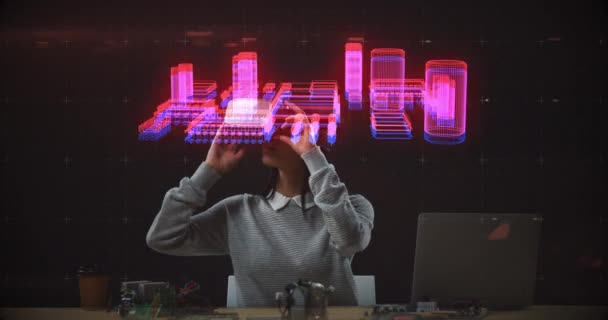 여자가 헤드셋을 화면에 회전을 애니메이션 디지털 인터페이스 글로벌 디지털 비디오 — 비디오