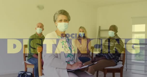 Animation Social Distancing Text Senior People Wearing Face Masks Global — Stock Video