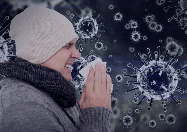 病気の男の上にCovid 19細胞の組成物は彼の鼻を吹く 世界的なコロナウイルスのパンデミックと健康の概念はデジタルで生成され — ストック写真
